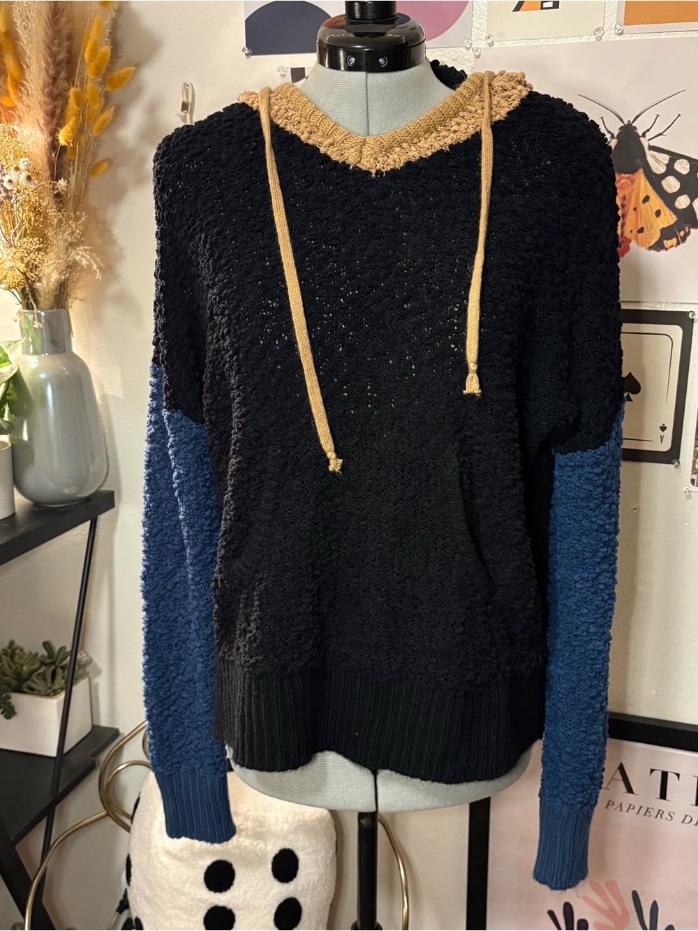 Vintage Havana Colorblock Popcorn Knit Hoodie Medium
